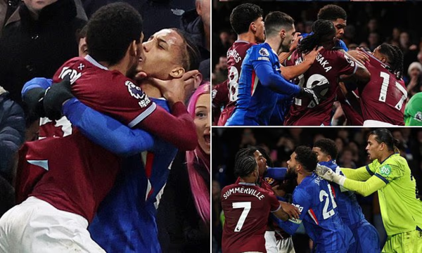 충격 장면! '목조르기·내동댕이 치기'...'이게 축구야, 격투기야' 첼시-웨스트햄, 황당 난투극 펼쳐졌다