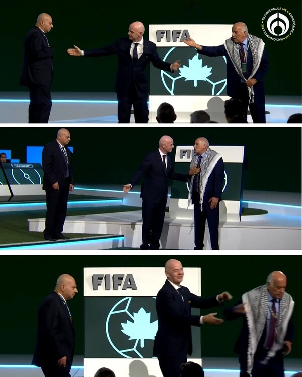 발칵! "수백 명 목숨 잃었다, 그럼 사람과 어떻게 악수를..." FIFA 총회 중 이스라엘 대표 면전서 무시한 팔레스타인 축협회장